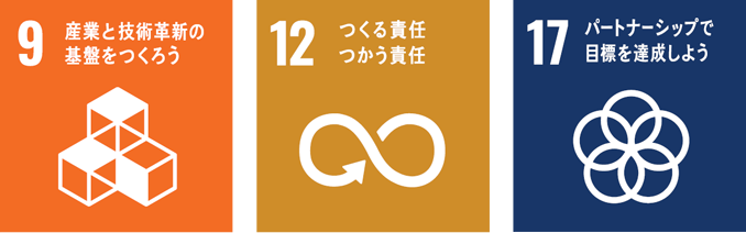 9　産業と技術革新の基盤をつくろう　12　つくる責任、つかう責任　17　パートナーシップで目標を達成しよう